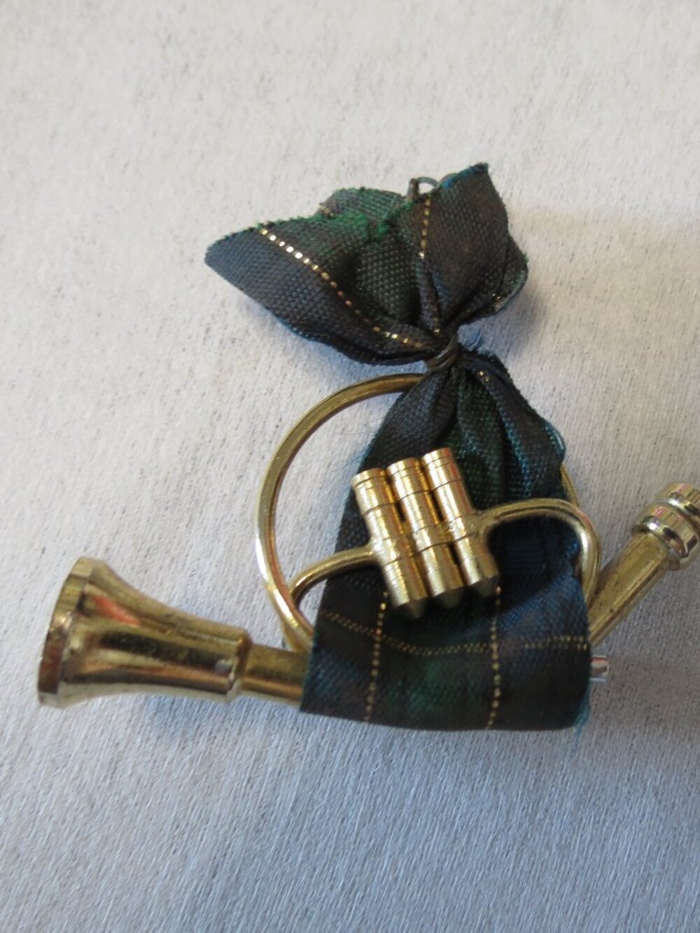 Vintage Homemade Holiday Blackwatch Tartan French Horn Pin